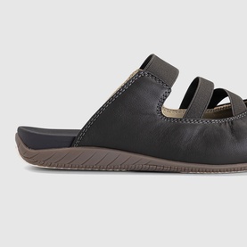 Puma women's slide sandal in espresso bean, dark brown leather upper with multi-strap design and brown rubber sole