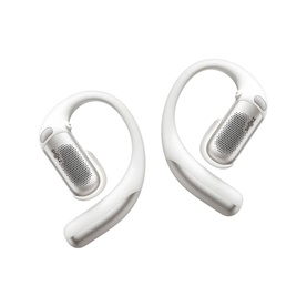 Pair of white open-ear wireless earphones with over-ear hook design and mesh speaker grille, shown on white background