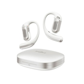 Shokz OpenFit Air open-ear wireless earbuds in white with over-ear hooks, shown with white charging case