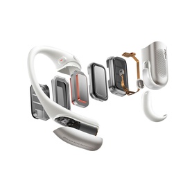Exploded view of white wireless over-ear headphones showing internal components, layers, and modular construction details.
