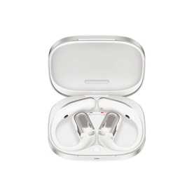 White open-ear wireless earbuds with ear hooks shown in open white charging case, viewed from above