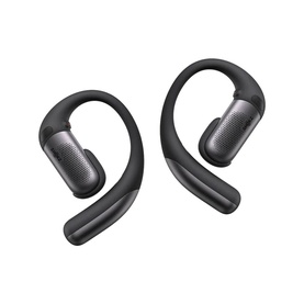 Open-ear wireless sport earbuds in matte black with over-ear hook design and textured mesh drivers