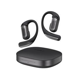 Open-ear wireless earphones in dark grey with over-ear hooks, shown with matching rectangular charging case