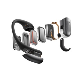 Exploded view of a black wireless Bluetooth headset showing internal components, ear hook, speaker unit, and casing layers