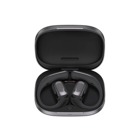 Black open-ear true wireless earbuds with ear hook design, shown in open black charging case