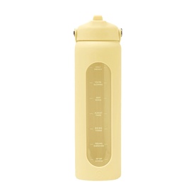 The Head Plan Daily Drench Water Bottle in yellow, glass with silicone sleeve, time-marker measurements on front, flip-top lid with strap