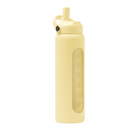 The Head Plan Daily Drench Water Bottle in yellow, glass and silicone construction with straw lid and measurement window