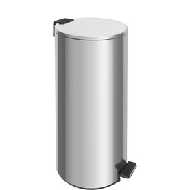 Tramontina stainless steel pedal bin with brushed cylindrical body, black foot pedal, and hinged lid
