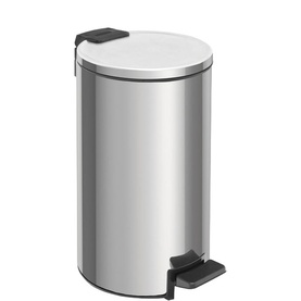 Tramontina stainless steel pedal bin with black foot pedal and lid, cylindrical design for kitchen storage and waste