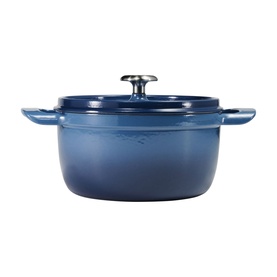 Tramontina blue cast iron casserole dish with lid and twin handles, silver knob detail