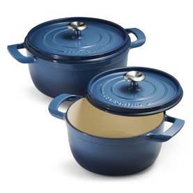 Tramontina blue cast iron casserole dishes with silver knob lids, shown as a set of two, cream enamel interior visible