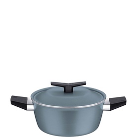 Tramontina blue casserole dish with lid, black side handles, and silver rim detail