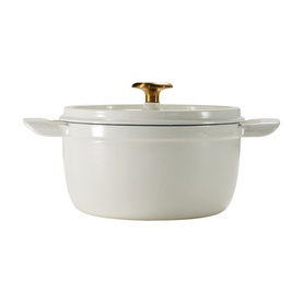 Tramontina latte casserole dish with fitted lid and gold-tone knob handle, dual side handles, smooth enamel finish