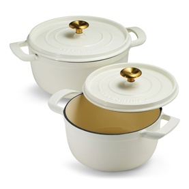 Tramontina latte casserole set of two, cream enamel exterior with gold knob lids, one lidded and one open showing tan interior