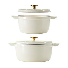 Tramontina latte casserole dishes with lids and gold knobs, shown in two sizes &mdash; round and oval &mdash; on white background