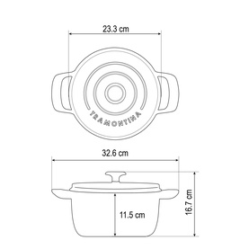 Tramontina latte casserole technical diagram showing dimensions: 23.3cm width, 32.6cm length, 11.5cm base, 16.7cm height