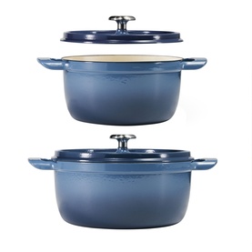 Tramontina blue cast iron casserole dishes with lids, shown in two sizes with dual handles and dark knob finials