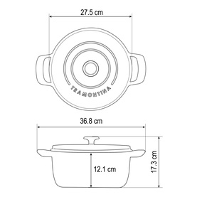 Tramontina blue casserole technical diagram showing top and side dimensions: 27.5cm lid width, 36.8cm total width, 17.3cm height, 12.1cm base.