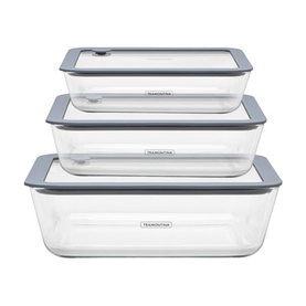 Tramontina clear rectangular food storage containers with grey lids, set of 3 in graduating sizes, stacked together.