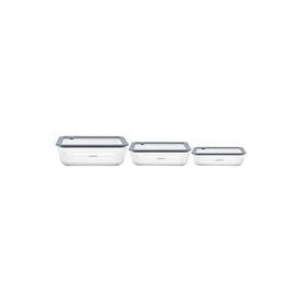 Tramontina clear food storage containers set of three, rectangular with grey lids, graduating in size from large to small