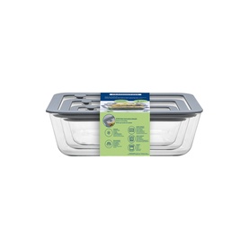 Tramontina clear glass food storage container set with grey locking lids, stacked and packaged together