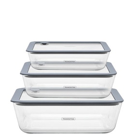 Tramontina clear rectangular food storage containers with grey lids, set of 3 in graduating sizes, stacked together.