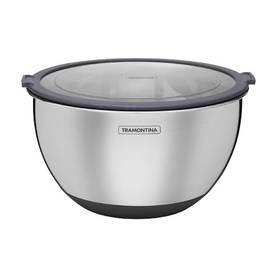 Tramontina stainless steel mixing bowl with clear lid and grey non-slip base, polished finish with embossed brand logo