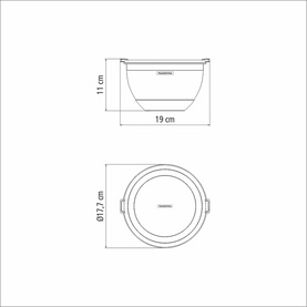 Tramontina stainless steel container technical diagram showing side and top views with dimensions 19cm wide and 11cm tall.