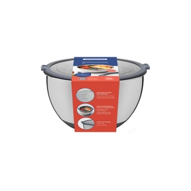 Tramontina stainless steel mixing bowl with clear lid and grey rim, shown in retail packaging with feature callouts