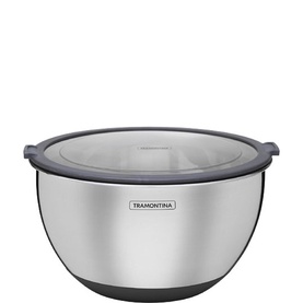 Tramontina stainless steel mixing bowl with clear lid and grey non-slip base, polished finish with embossed brand logo