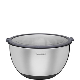 Tramontina stainless steel mixing bowl with dark grey lid and non-slip base, polished finish with branded logo