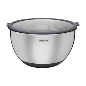 Tramontina stainless steel mixing bowl with clear lid and grey non-slip base, polished finish with embossed branding