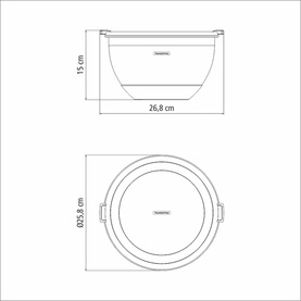 Tramontina stainless steel container technical diagram showing bowl dimensions: 26.8cm width, 15cm height, and 25.8cm lid diameter.