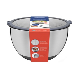 Tramontina stainless steel mixing bowl with grey lid and non-slip base, shown in packaging with feature detail insets