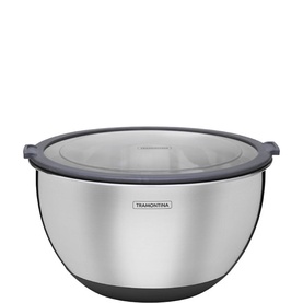 Tramontina stainless steel mixing bowl with clear lid and grey non-slip base, polished finish with embossed branding