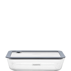 Tramontina clear rectangular food storage container with grey airtight lid and locking clip, viewed from above at an angle.