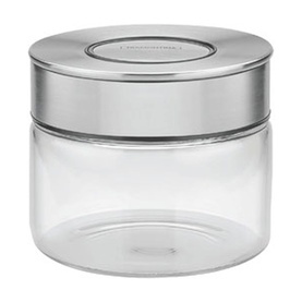 Tramontina clear glass storage container with stainless steel lid, compact round canister for kitchen use