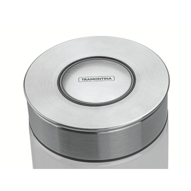 Tramontina clear storage container, close-up of stainless steel lid with branded centre seal and polished finish