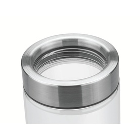 Tramontina clear container close-up showing brushed stainless steel screw-top lid with transparent glass or plastic body.