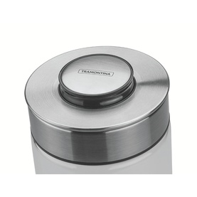 Tramontina clear container with brushed stainless steel lid, close-up detail showing branded press-button seal