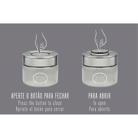 Tramontina clear container with silver push-button lid shown in open and closed positions, with multilingual usage instructions.