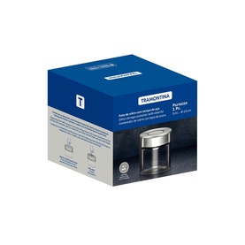 Tramontina clear glass container with stainless steel lid, shown in blue and silver retail packaging box.