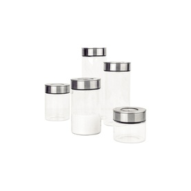 Tramontina clear glass storage containers set of five with stainless steel lids, varying sizes from small to tall cylindrical