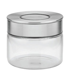 Tramontina clear glass storage container with stainless steel lid, compact round canister for kitchen use