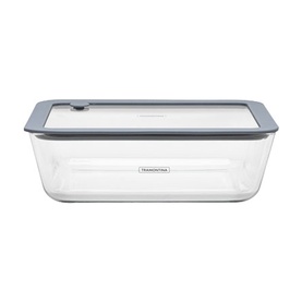 Tramontina clear rectangular food storage container with grey airtight lid and locking clip