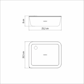 Tramontina clear container technical line drawing showing dimensions: 25.2cm width, 8cm height, 20.5cm depth.