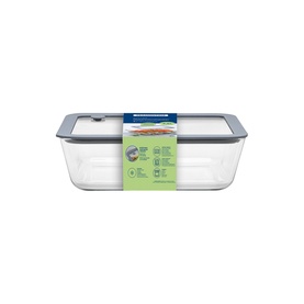 Tramontina clear rectangular food storage container with grey clip-lock lid, shown in packaging with product details label.