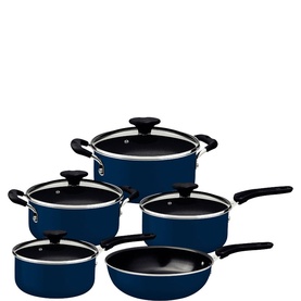 Tramontina cookware set in navy blue with black non-stick interiors, glass lids, and black handles, comprising five pieces including pots and frying