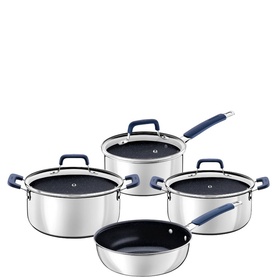 Tramontina stainless steel cookware set with navy blue handles, including two lidded saucepans, a stockpot with lid, and an open frying pan