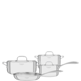 Tramontina stainless steel cookware set with glass lids, including saut&eacute; pan, saucepan, and casserole dish with twin handles